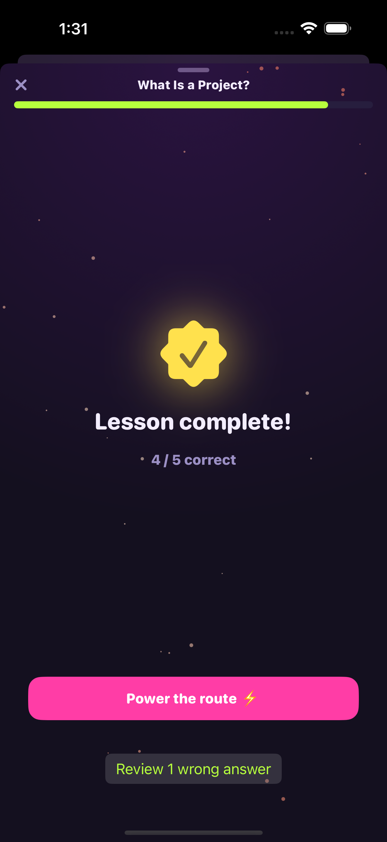 Lesson complete screen in Ascent