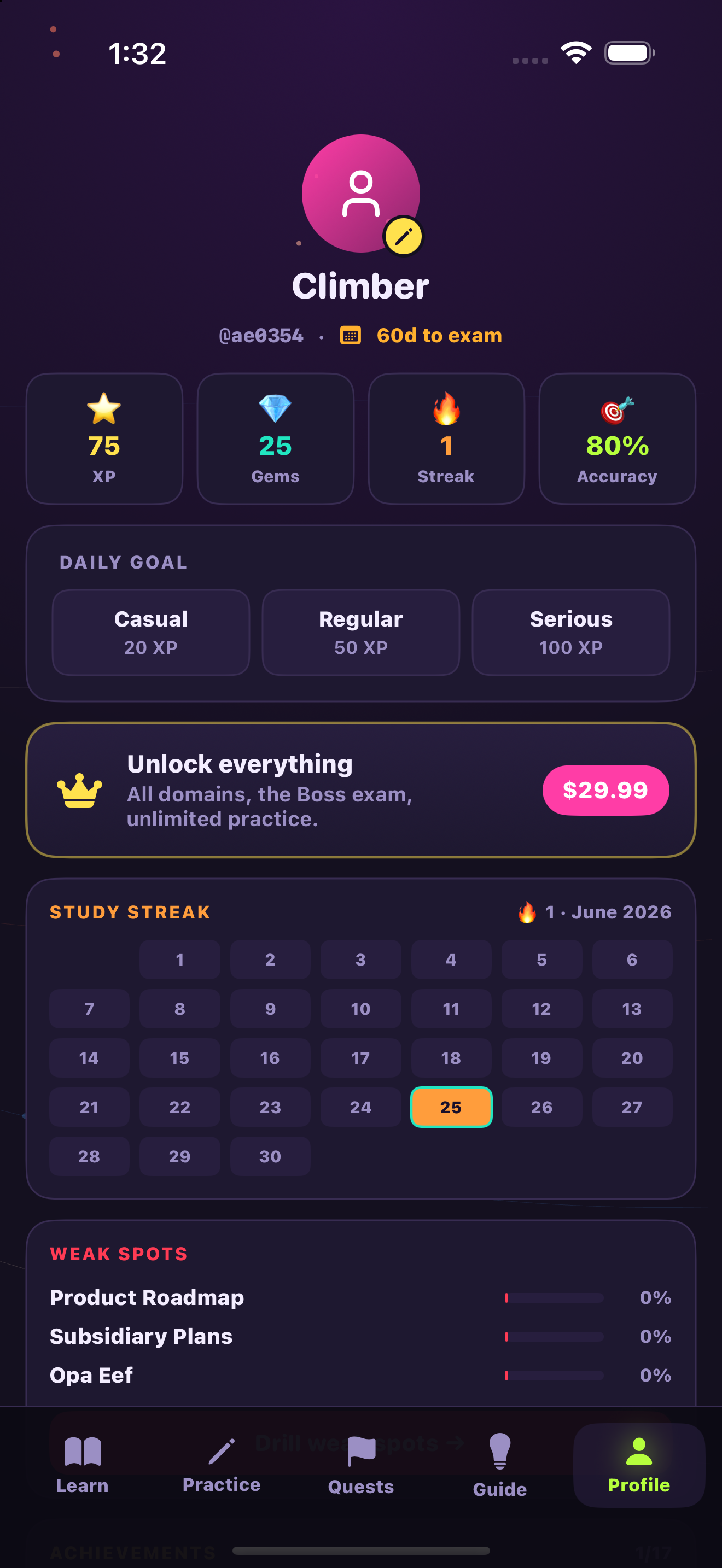 Ascent profile with study streak and domain progress
